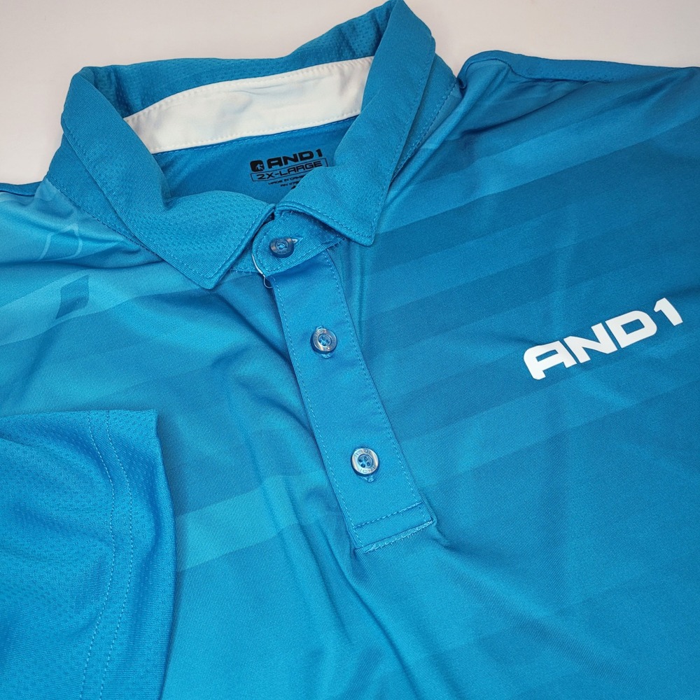AND1 Performance Polo Shirt Mens 2XL Blue Excellent Gradient Stripe Short Sleeve